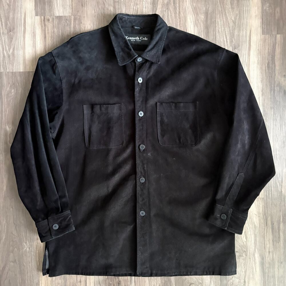 Vintage Kenneth Cole Pig Suede Leather Jacket Men's Size L Black Button Up Shirt